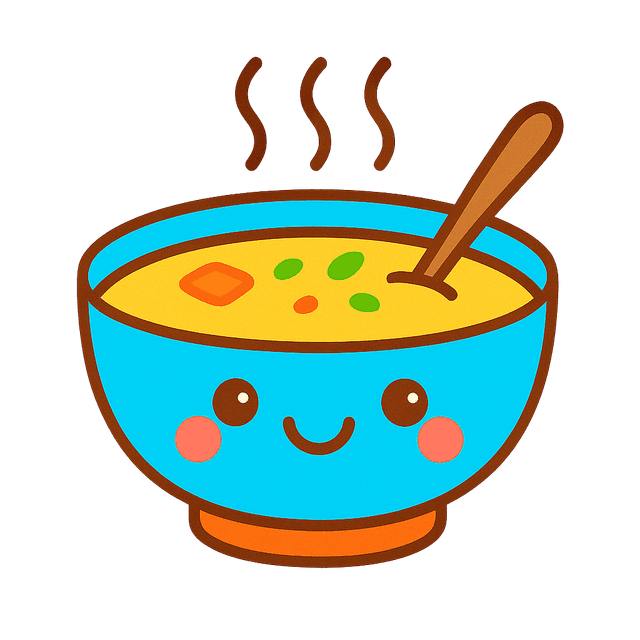 Suppenschüssel mit Gesicht und einem Löffel in Blau